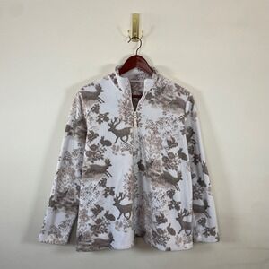 Fleece Quarter Zip Women's Pink White Winter Scene Cozy Deer Rabbit Granola